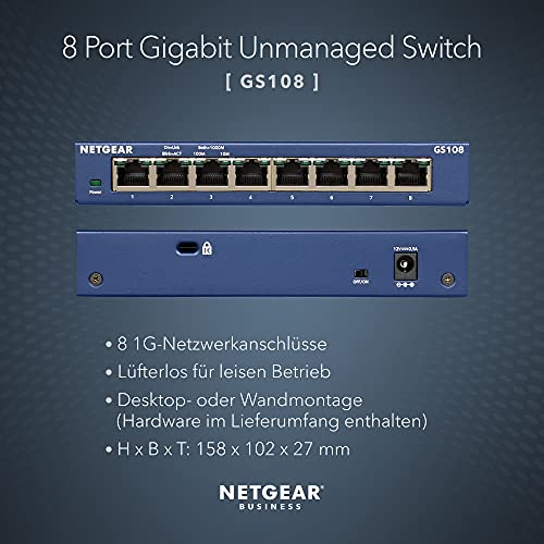 NETGEAR GS108GE LAN Switch 8 Port Netzwerk Switch (Plug-and-Play Gigabit Switch LAN Splitter, LAN Verteiler, Ethernet Hub, lüfterloses Metallgehäuse, ProSAFE Lifetime-Garantie) - EDV-Guru (Guru e.U.)